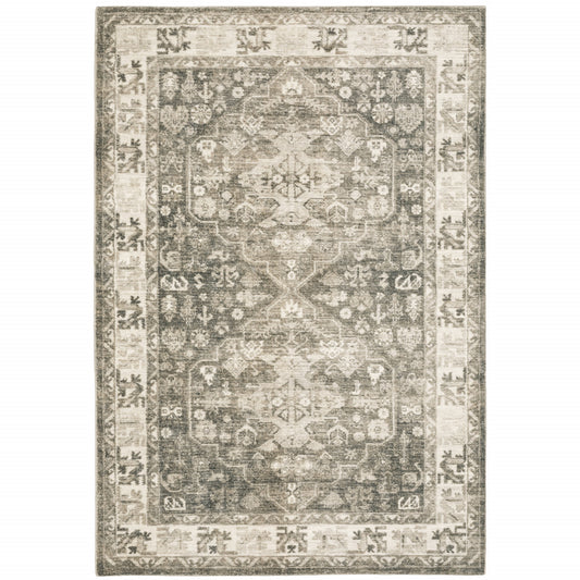 8' X 10' Grey Ivory Tan And Beige Oriental Power Loom Stain Resistant Area Rug