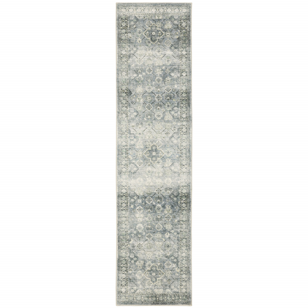 2' X 8' Blue Ivory And Grey Oriental Power Loom Stain Resistant Runner Rug