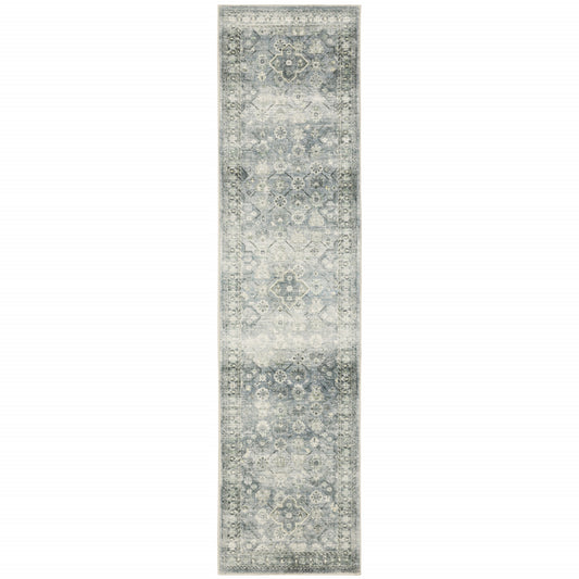 2' X 8' Blue Ivory And Grey Oriental Power Loom Stain Resistant Runner Rug
