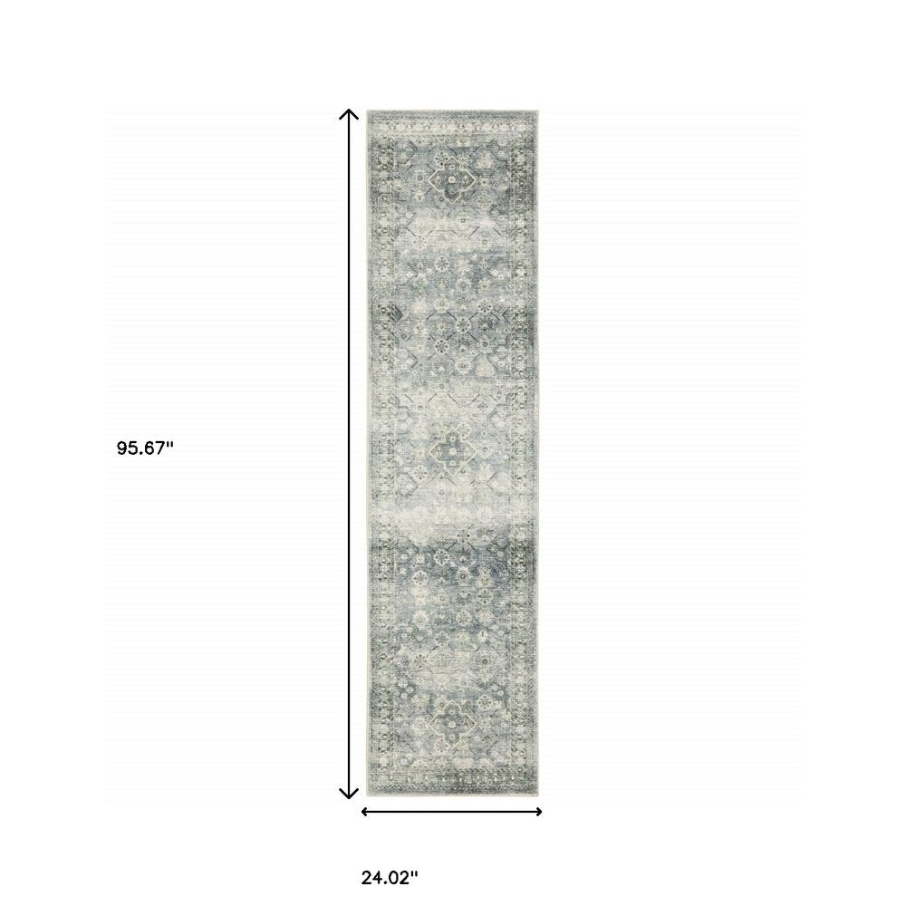 2' X 8' Blue Ivory And Grey Oriental Power Loom Stain Resistant Runner Rug