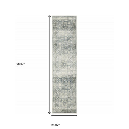 2' X 8' Blue Ivory And Grey Oriental Power Loom Stain Resistant Runner Rug