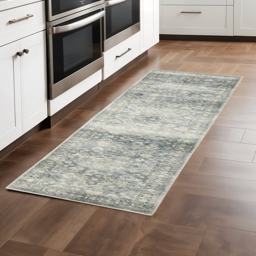 2' X 8' Blue Ivory And Grey Oriental Power Loom Stain Resistant Runner Rug
