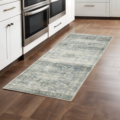 2' X 8' Blue Ivory And Grey Oriental Power Loom Stain Resistant Runner Rug