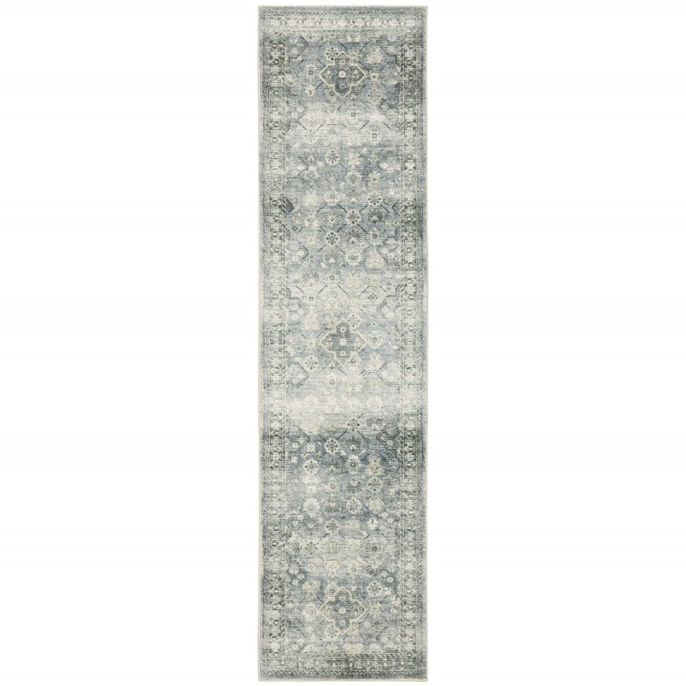 2' X 8' Blue Ivory And Grey Oriental Power Loom Stain Resistant Runner Rug