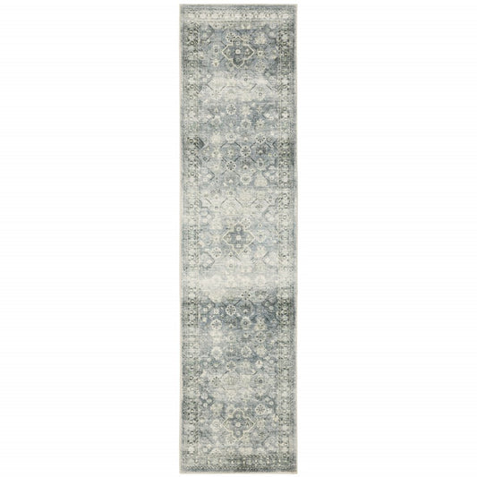 2' X 8' Blue Ivory And Grey Oriental Power Loom Stain Resistant Runner Rug