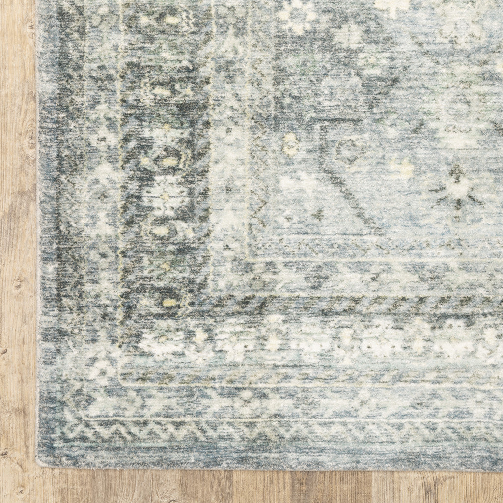 2' X 8' Blue Ivory And Grey Oriental Power Loom Stain Resistant Runner Rug