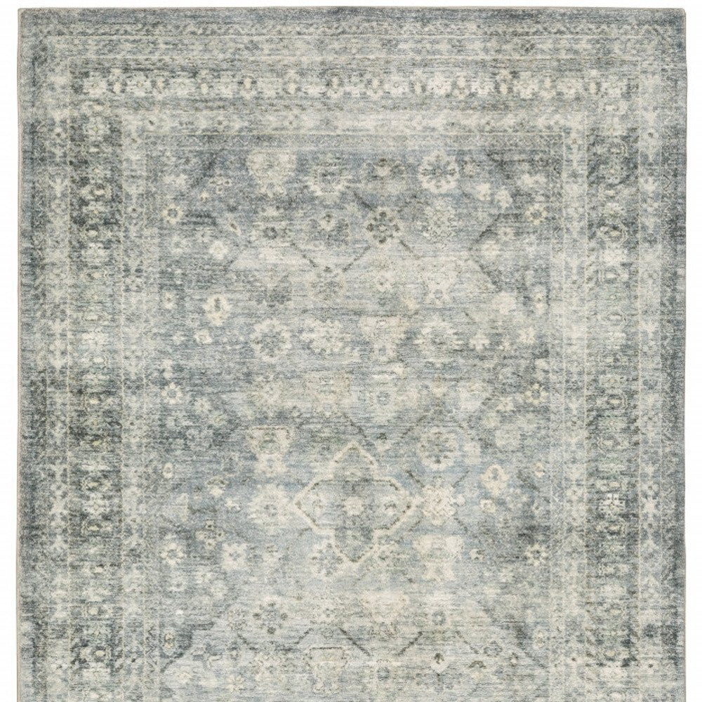 8' X 10' Blue And Ivory Oriental Distressed Area Rug