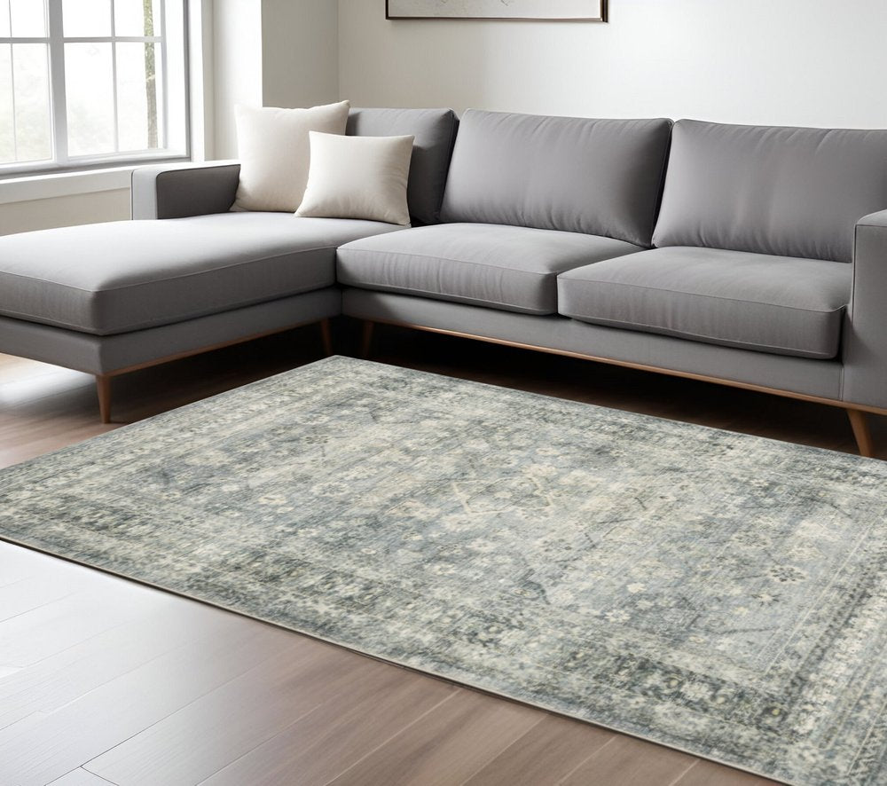 8' X 10' Blue And Ivory Oriental Distressed Area Rug