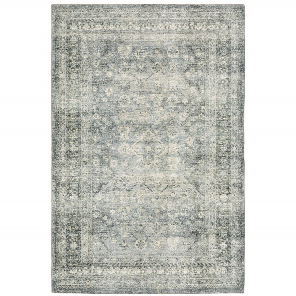 8' X 10' Blue And Ivory Oriental Distressed Area Rug