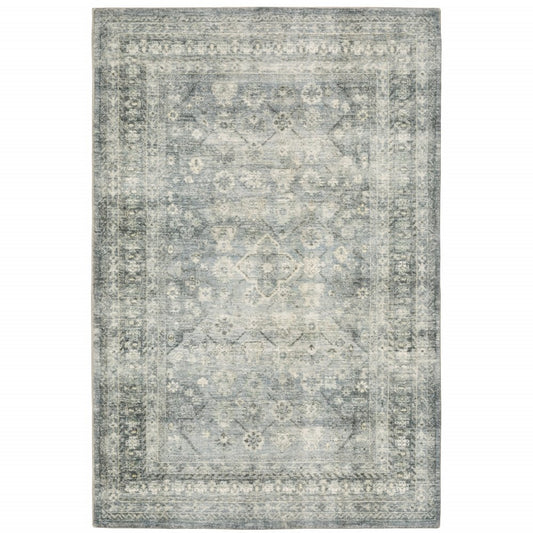 8' X 10' Blue And Ivory Oriental Distressed Area Rug