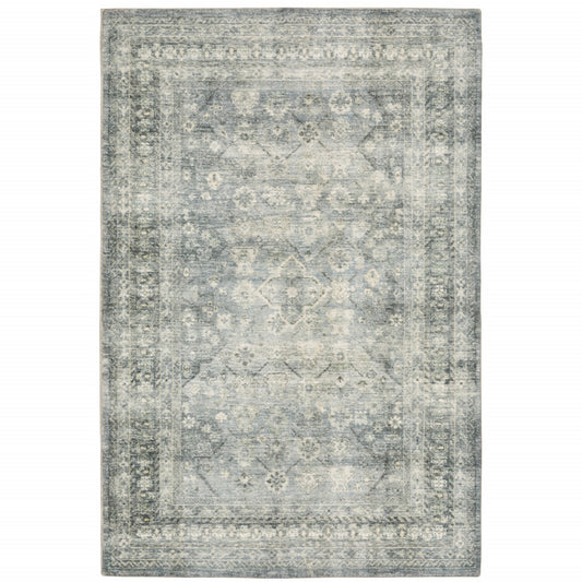 8' X 10' Blue Ivory And Grey Oriental Power Loom Stain Resistant Area Rug