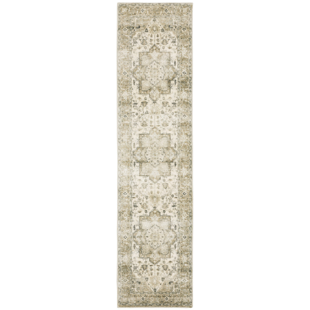 2' X 8' Tan Ivory Grey And Beige Oriental Power Loom Stain Resistant Runner Rug