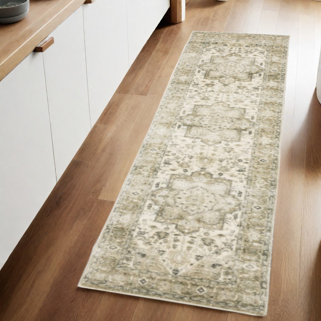 8' Tan and Ivory Oriental Power Loom Runner Rug