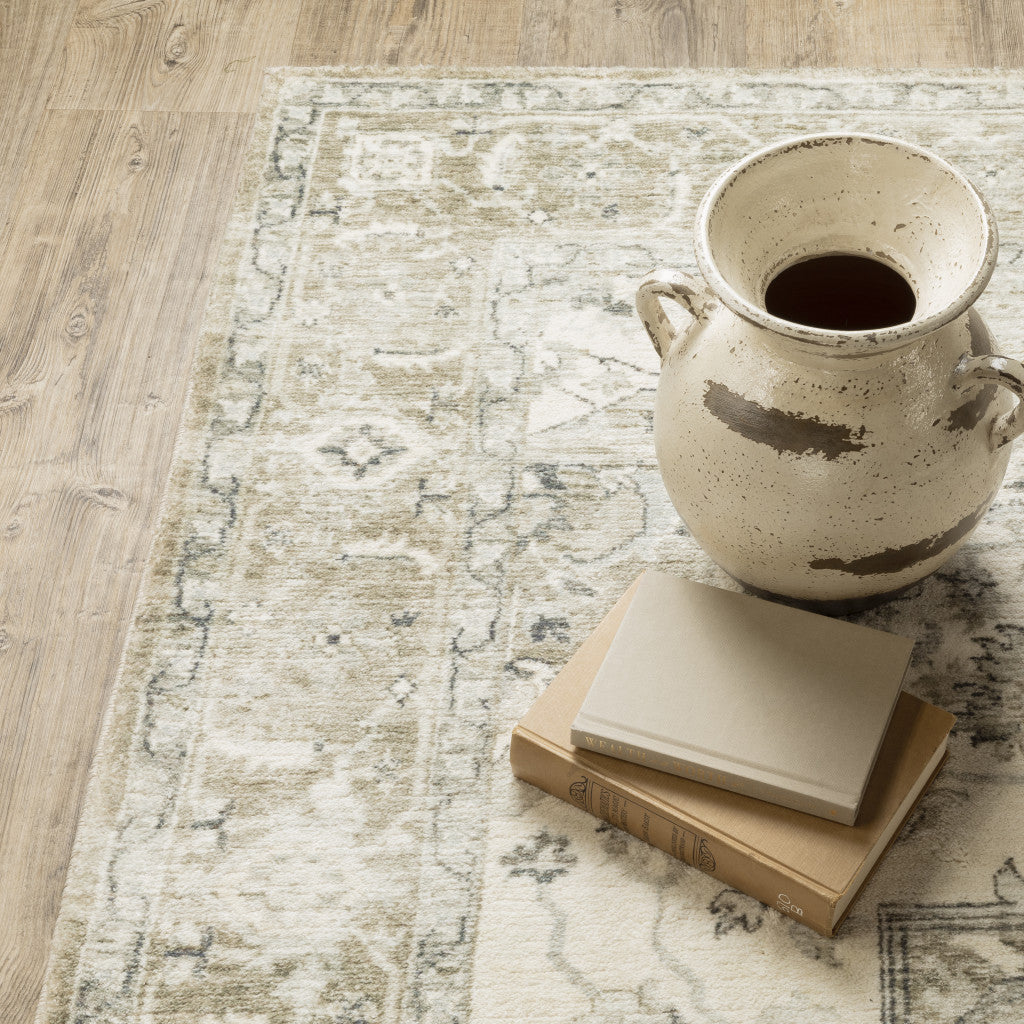 2' X 8' Tan Ivory Grey And Beige Oriental Power Loom Stain Resistant Runner Rug