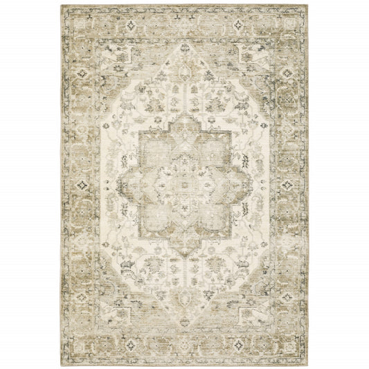 5' X 7' Tan Ivory Grey And Beige Oriental Power Loom Stain Resistant Area Rug
