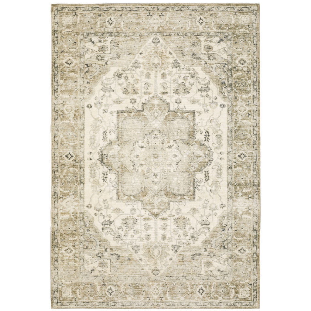 8' X 10' Tan Ivory Grey And Beige Oriental Power Loom Stain Resistant Area Rug