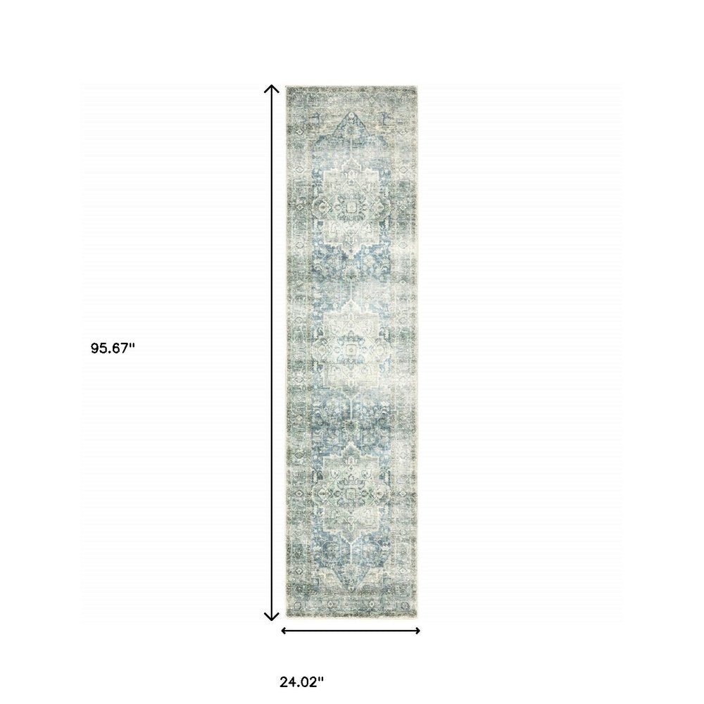 2' X 8' Grey Blue And Ivory Oriental Power Loom Stain Resistant Runner Rug