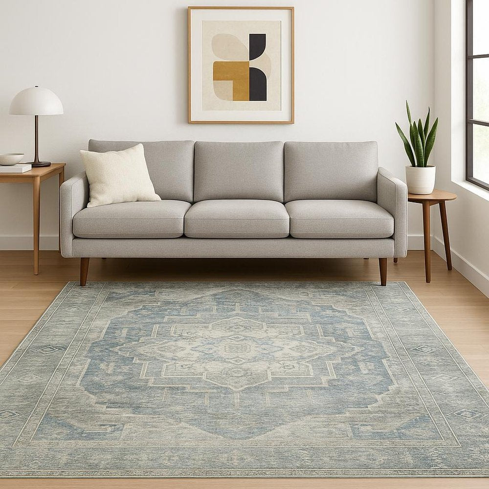 5' X 7' Grey Blue And Ivory Oriental Power Loom Stain Resistant Area Rug