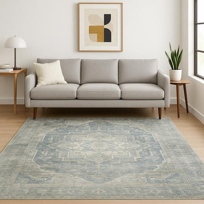 5' X 7' Grey Blue And Ivory Oriental Power Loom Stain Resistant Area Rug