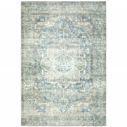 5' X 7' Grey Blue And Ivory Oriental Power Loom Stain Resistant Area Rug