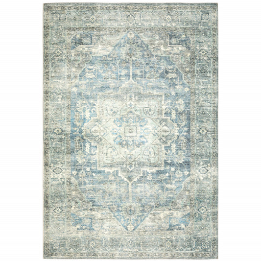 5' X 7' Grey Blue And Ivory Oriental Power Loom Stain Resistant Area Rug