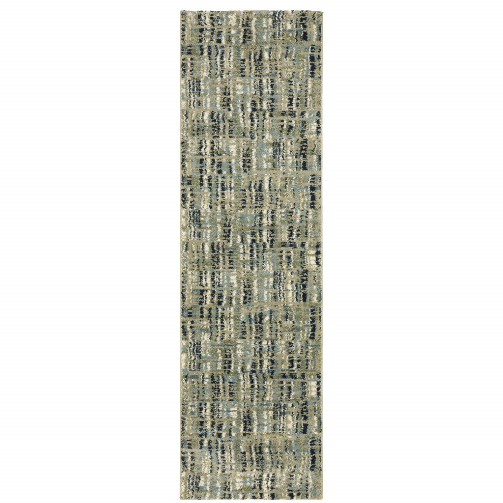 2' X 8' Green Blue Ivory Beige And Light Blue Abstract Power Loom Stain Resistant Runner Rug