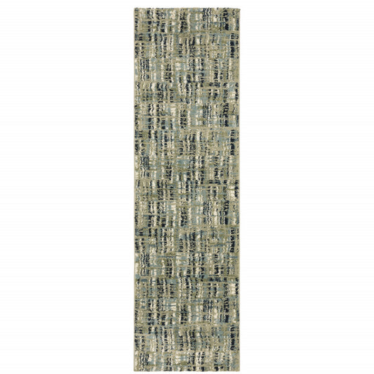 2' X 8' Green Blue Ivory Beige And Light Blue Abstract Power Loom Stain Resistant Runner Rug