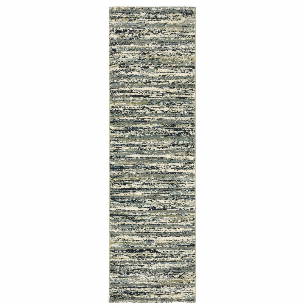 2' X 8' Blue Green Light Blue Grey And Ivory Abstract Power Loom Stain Resistant Runner Rug