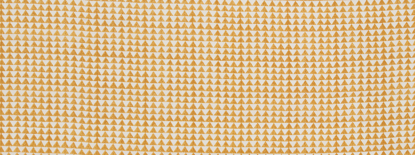 Beige fabric with a dense orange triangle geometric pattern; lightweight textile for apparel or home decor.
