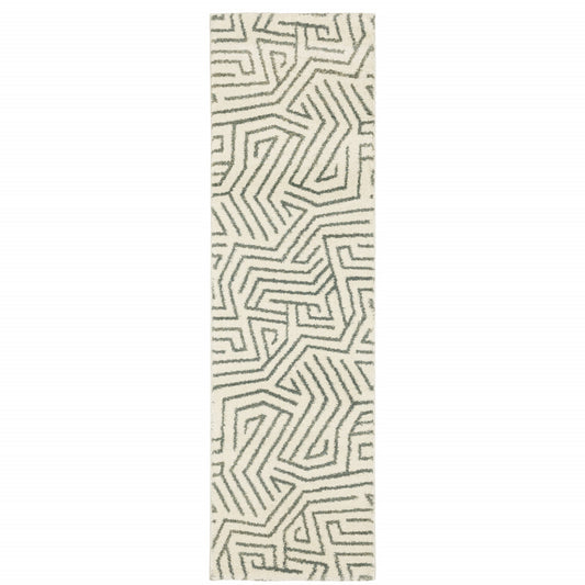 2' X 8' Gray And Ivory Geometric Power Loom Runner Rug