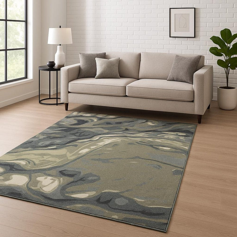 10' X 13' Blue Green And Grey Abstract Power Loom Stain Resistant Area Rug