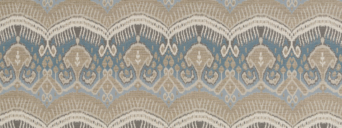 Blue and beige ikat carpet pattern with a damask-style motif.