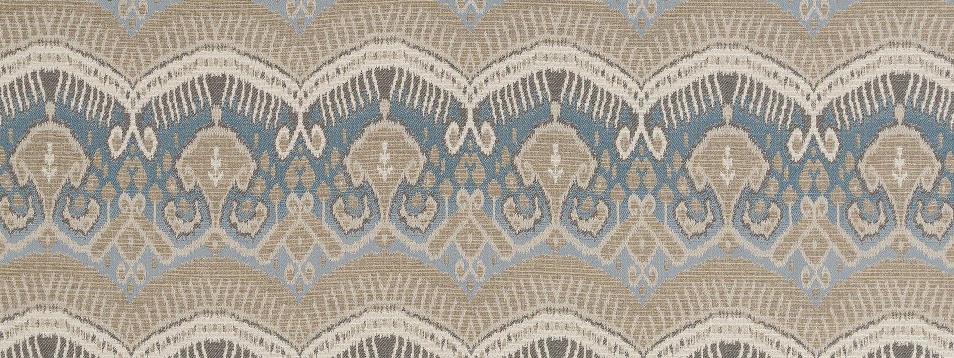 Blue and beige ikat carpet pattern with a damask-style motif.
