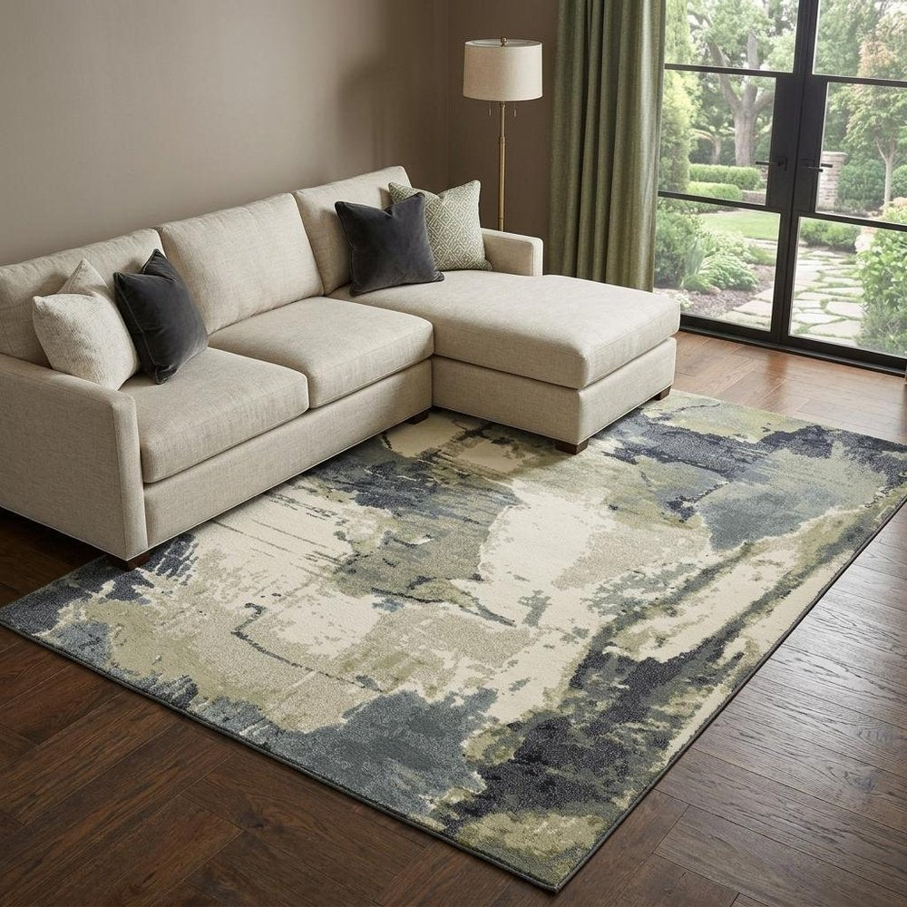 10' X 13' Blue Green And Ivory Abstract Area Rug