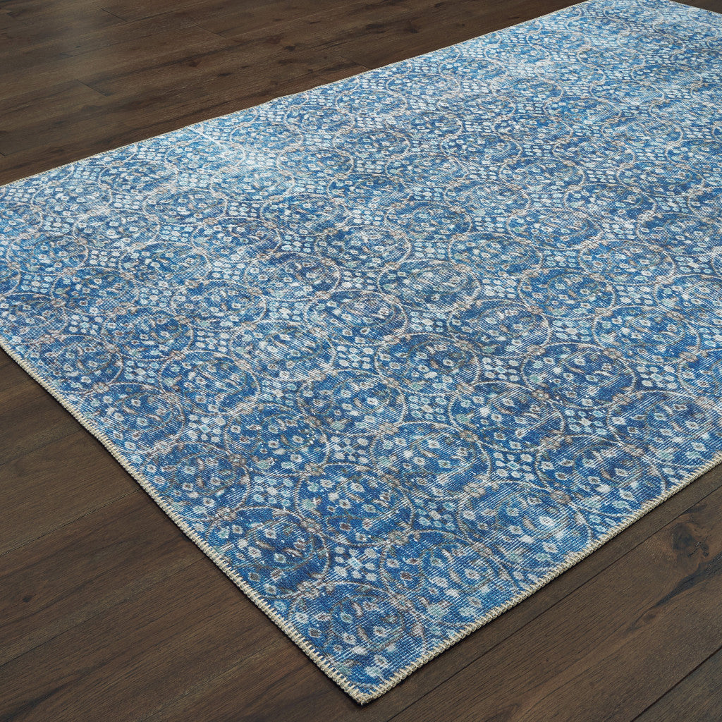 4' X 6' Blue And Brown Floral Power Loom Stain Resistant Area Rug