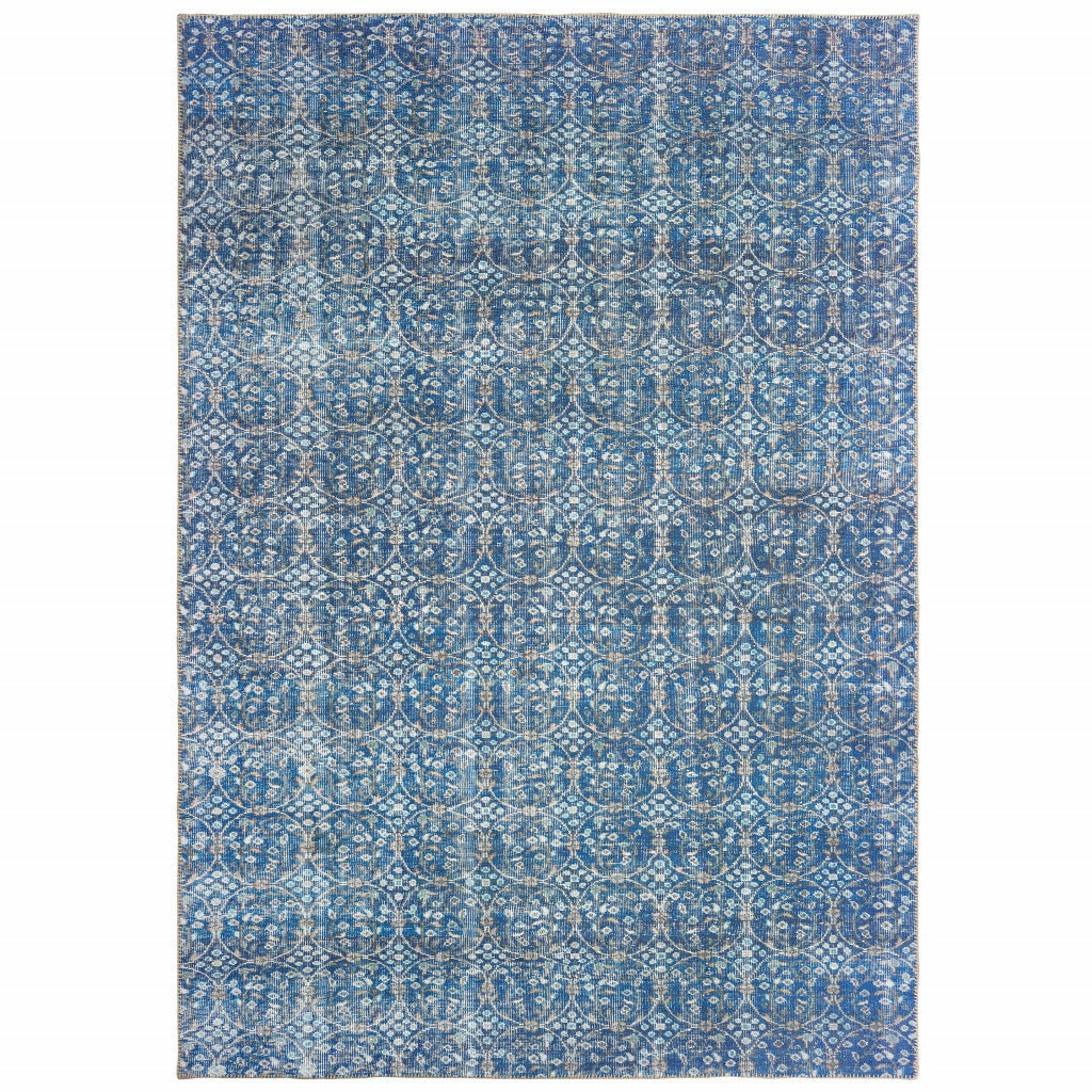 8' X 11' Blue And Brown Floral Power Loom Stain Resistant Area Rug