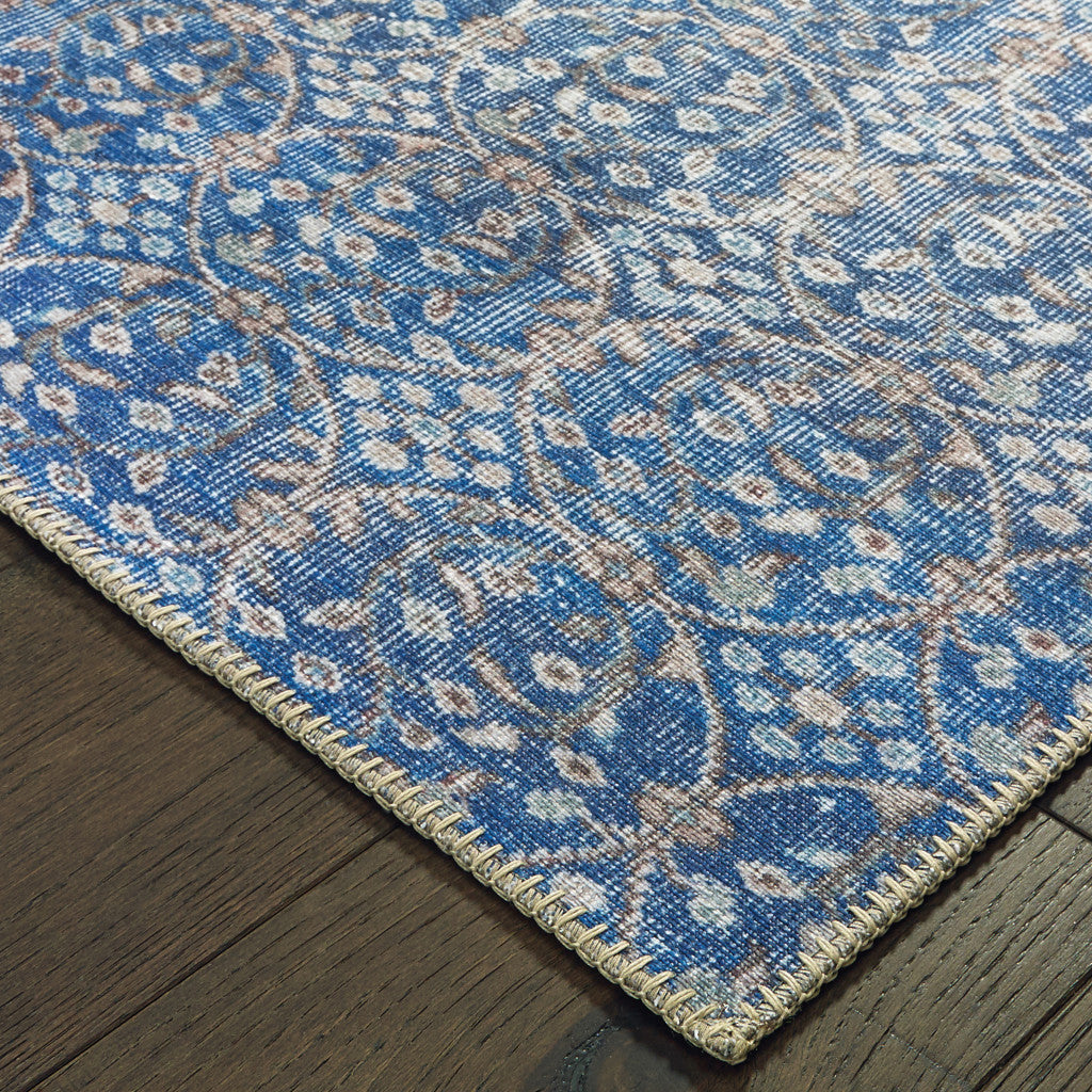8' X 11' Blue And Brown Floral Power Loom Stain Resistant Area Rug