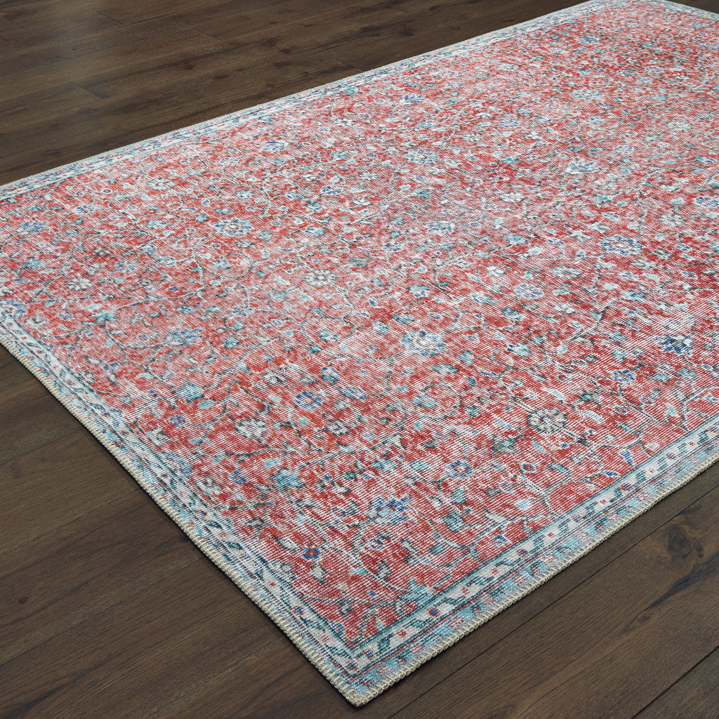 4' X 6' Red And Blue Oriental Power Loom Stain Resistant Area Rug