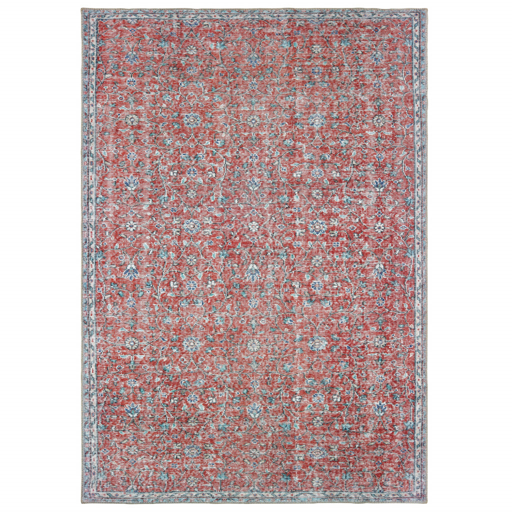 5' X 8' Red And Blue Oriental Power Loom Stain Resistant Area Rug