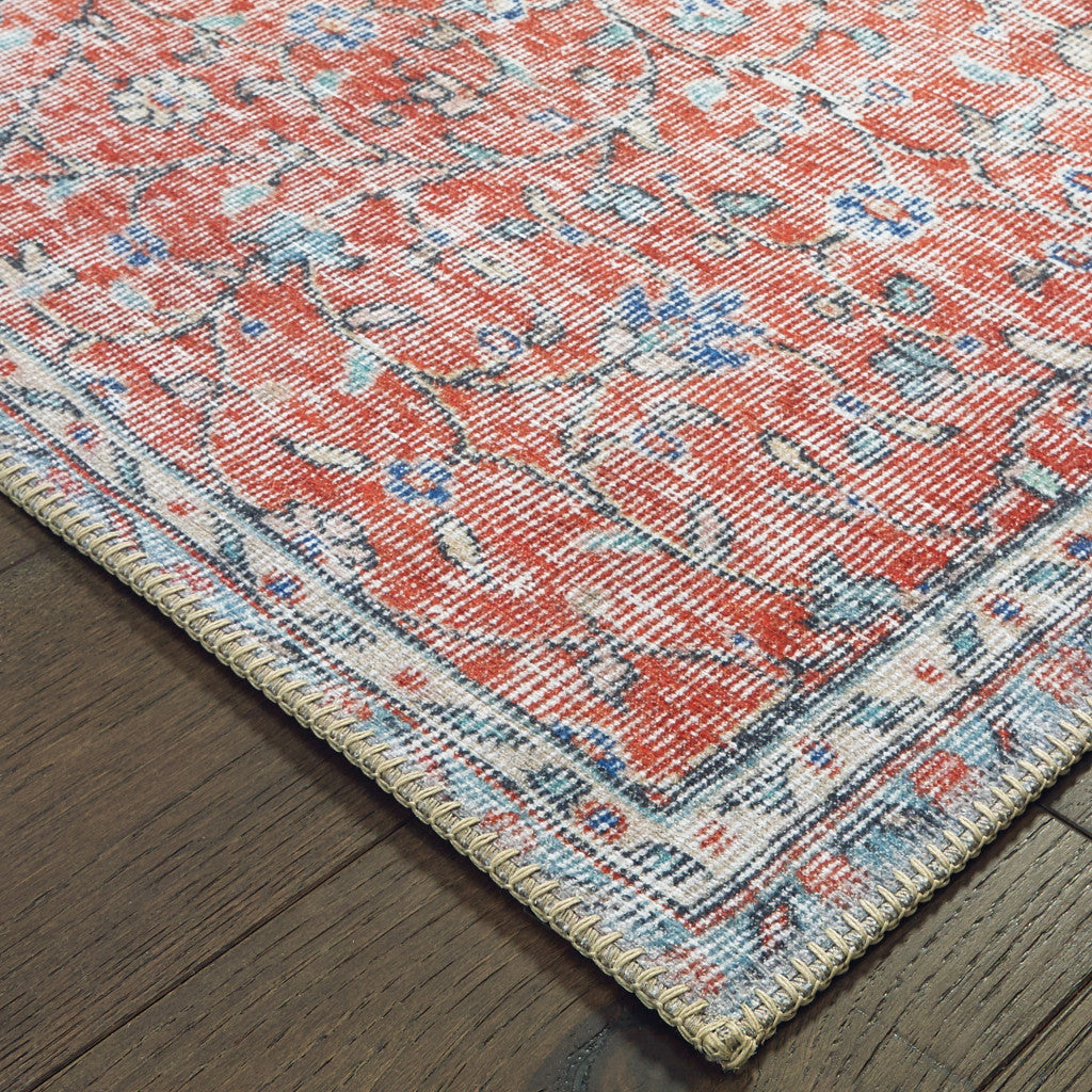 5' X 8' Red And Blue Oriental Power Loom Stain Resistant Area Rug