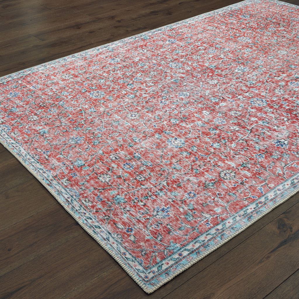 5' X 8' Red And Blue Oriental Power Loom Stain Resistant Area Rug