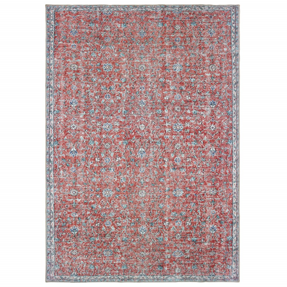 8' X 11' Red And Blue Oriental Power Loom Stain Resistant Area Rug