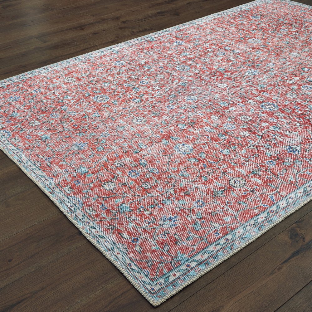 8' X 11' Red And Blue Oriental Power Loom Stain Resistant Area Rug