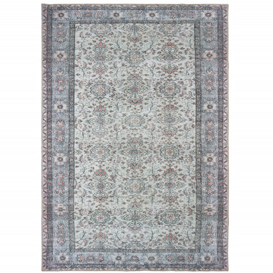 5' X 8' Ivory And Blue Oriental Power Loom Stain Resistant Area Rug