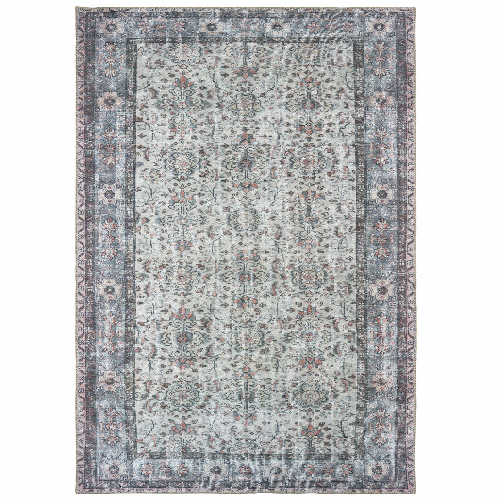 8' X 10' Ivory And Blue Oriental Power Loom Stain Resistant Area Rug