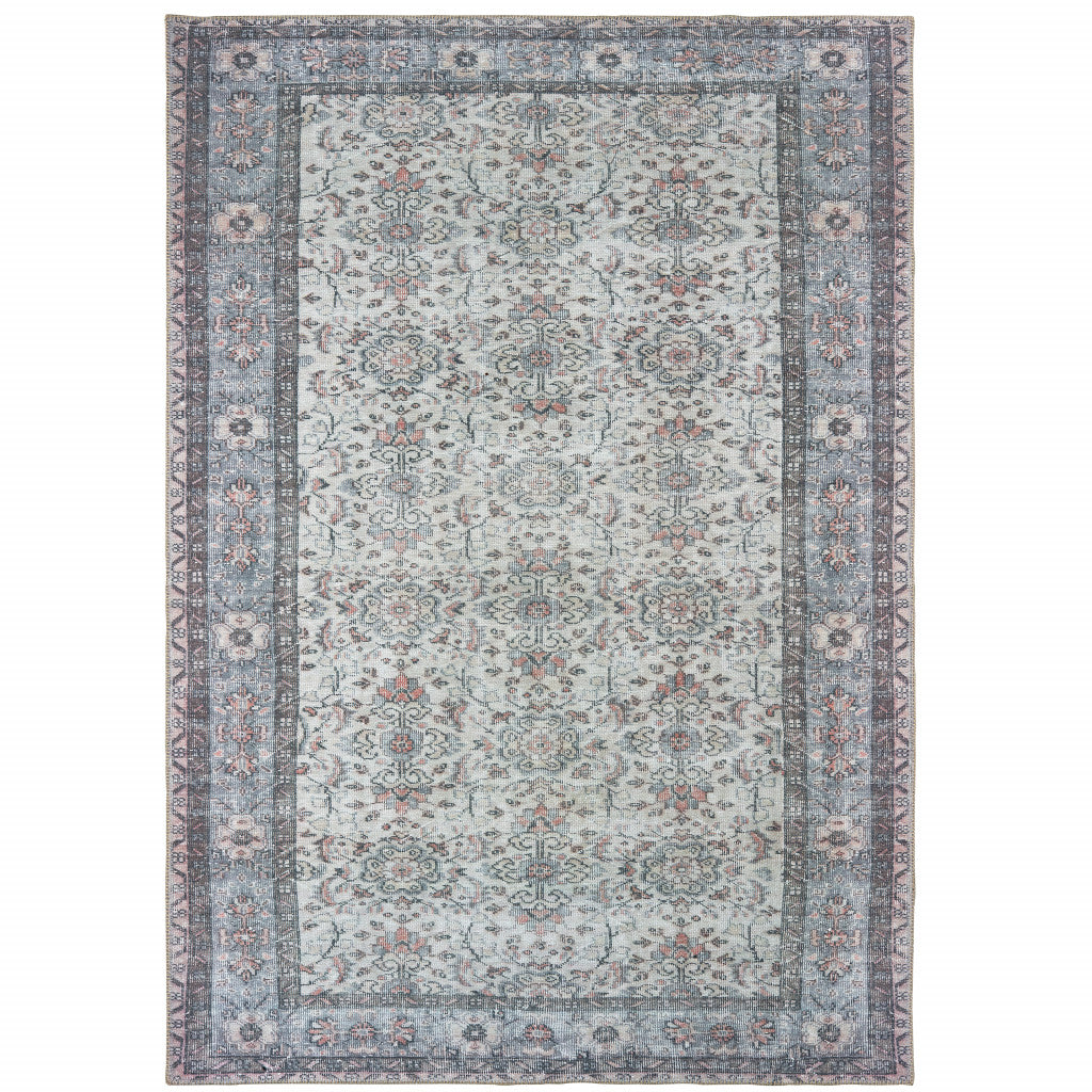 8' X 11' Ivory And Blue Oriental Power Loom Stain Resistant Area Rug