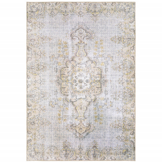 2' X 3' Grey And Gold Oriental Power Loom Stain Resistant Area Rug