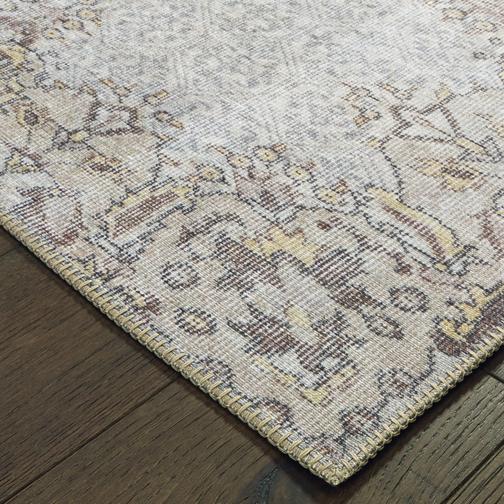 2' X 3' Grey And Gold Oriental Power Loom Stain Resistant Area Rug