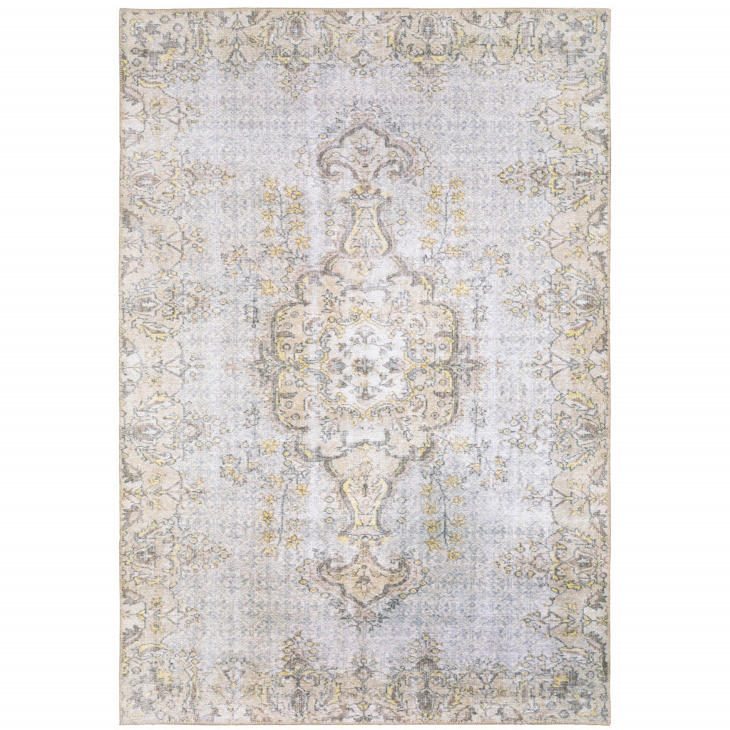4' X 6' Grey And Gold Oriental Power Loom Stain Resistant Area Rug