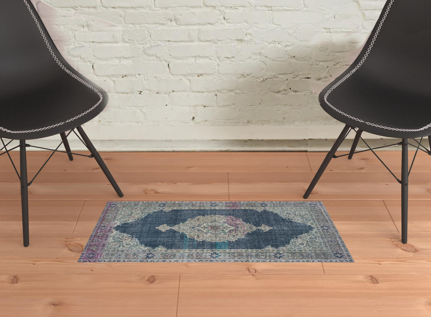 2' X 3' Blue And Grey Oriental Power Loom Stain Resistant Area Rug